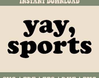 Op de afbeelding: Een digitale download van een zwart-wit grafisch ontwerp met de tekst "yay, sports".