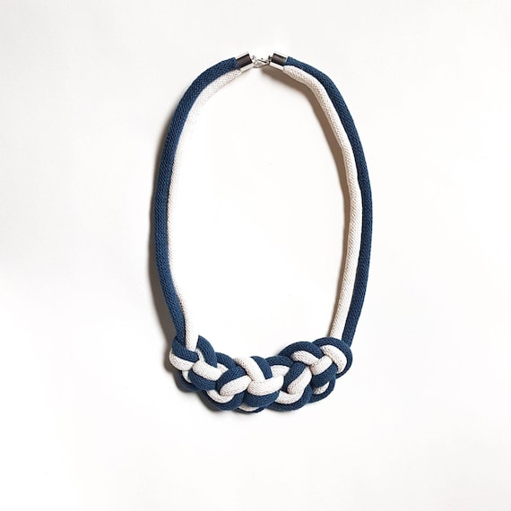 Cotton Rope Necklace, Knotted Necklace, Cream and Blue Woven Necklace, Birthday Gift, Casual Necklace