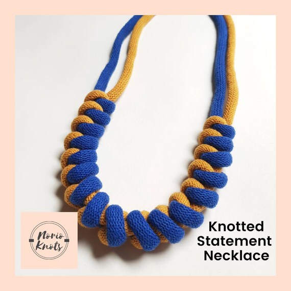 Mustard Yellow and Blue Statement Necklace, Knot Jewellery, Recycled Cotton Knotted Rope Necklace, Gift for Best Friend