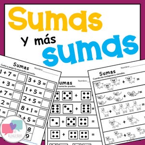 Puede incluir: Hojas de trabajo imprimibles en blanco y negro con las palabras en español "Sumas y mas sumas" en la parte superior. Las hojas de trabajo incluyen problemas de suma con números, dados e imágenes de animales.