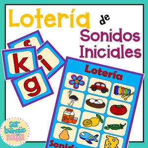 Könnte beinhalten: Ein farbenfrohes Lotería-Spielbrett mit dem Titel "Lotería de Sonidos Iniciales" und einem Raster mit neun Bildern, darunter eine Blume, ein Auto, ein Xylophon, ein Strauß, ein Nest mit Eiern, eine Tomate, ein Saftkarton, eine Zitrone, eine Birne, ein Flugzeug und ein Stück Käse. Es gibt auch Buchstabenplättchen mit den Buchstaben "k", "g", "i" und "f" darauf.