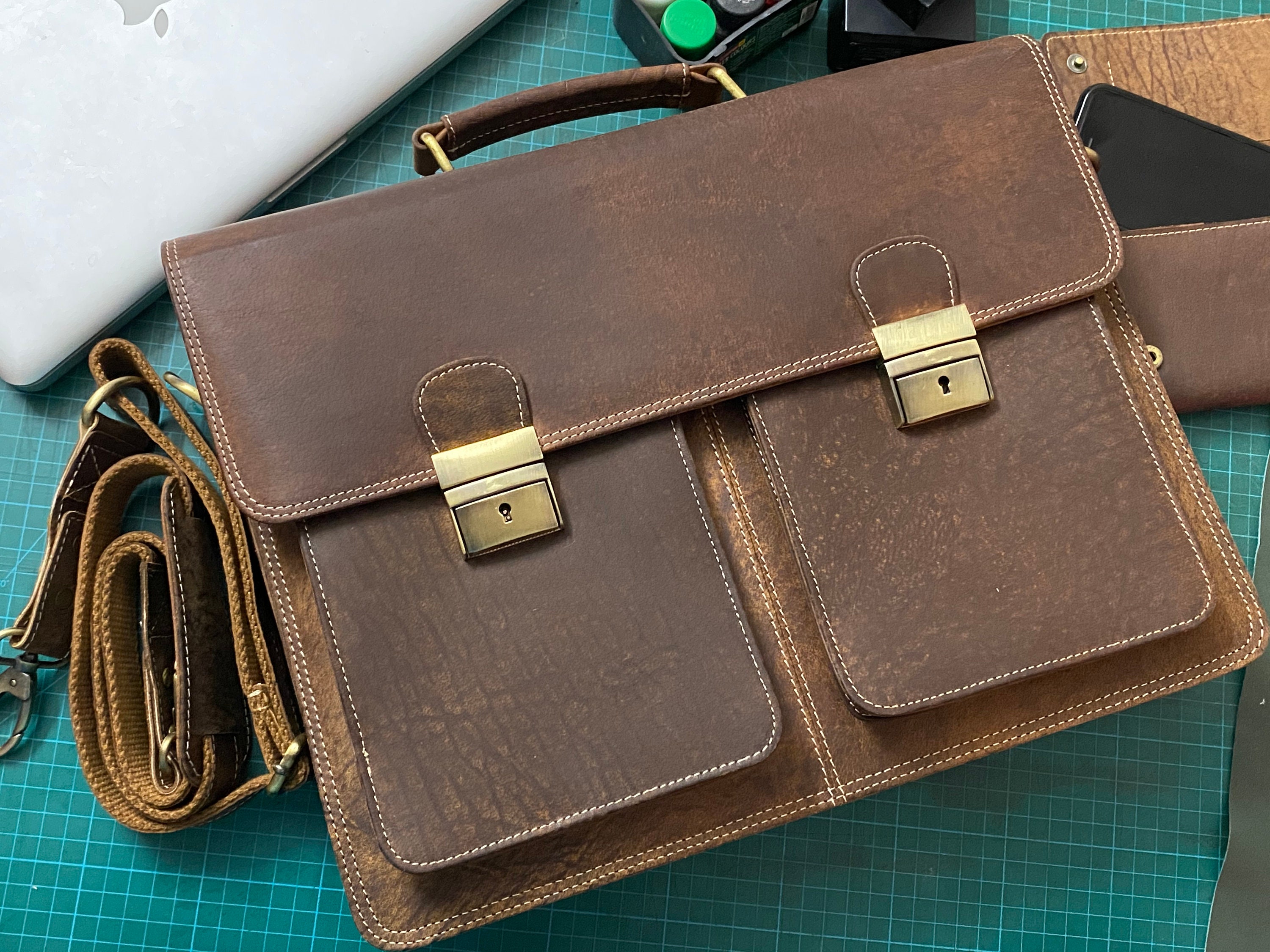 15inch Brown Leather Messenger Bag/ Bag For Men/ Personalized Etsy