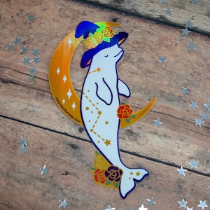 4&quot;x2.25&quot; Holographic Vinyl Witchy &quot;Boo-luga&quot; Beluga Whale Die Cut Sticker • Halloween • Fall • Autumn