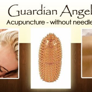 May include: A woman receiving a back massage with a golden acupressure mat. The mat is shaped like a hedgehog and has many small points. The text "Guardian Angel Acupuncture - without needles" is displayed above the image.
