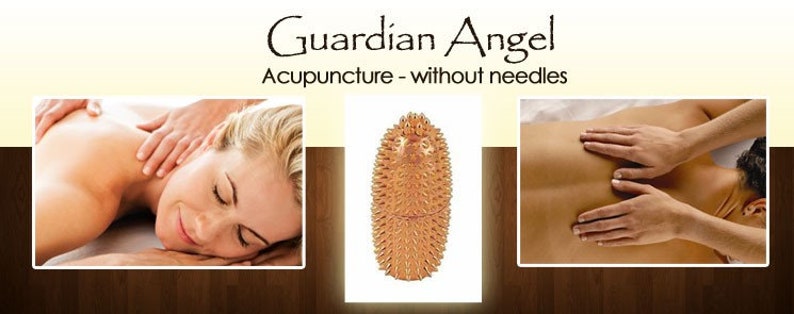 May include: A woman receiving a back massage with a golden acupressure mat. The mat is shaped like a hedgehog and has many small points. The text "Guardian Angel Acupuncture - without needles" is displayed above the image.