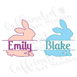 May include: Two split monogram designs featuring a pink and a blue bunny silhouette with the names "Emily" and "Blake" written in purple and teal text.