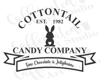May include: Black and white logo for Cottontail Candy Company, established in 1982. The logo features a rabbit with a heart on its back and the text "Fine Chocolate & Jellybeans".