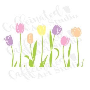 May include: A row of colorful tulips with green stems and leaves. The tulips are pink, purple, yellow, and orange.