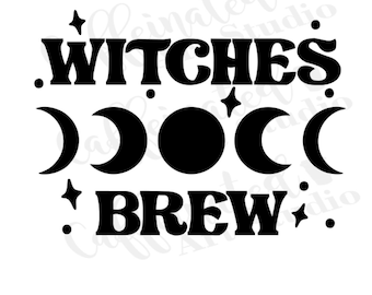 May include: Black and white graphic design with the text "Witches Brew" and three moons.