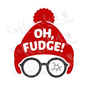 May include: A graphic design featuring a red winter hat with a pom-pom and the words "OH, FUDGE!" in white. Below the hat are black-rimmed glasses with a cracked lens, all set against a white background.