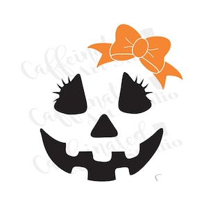May include: Black and orange Halloween pumpkin face with an orange bow. The pumpkin face has black eyes with eyelashes, a triangular nose, and a smiling mouth. The image is a vector graphic.