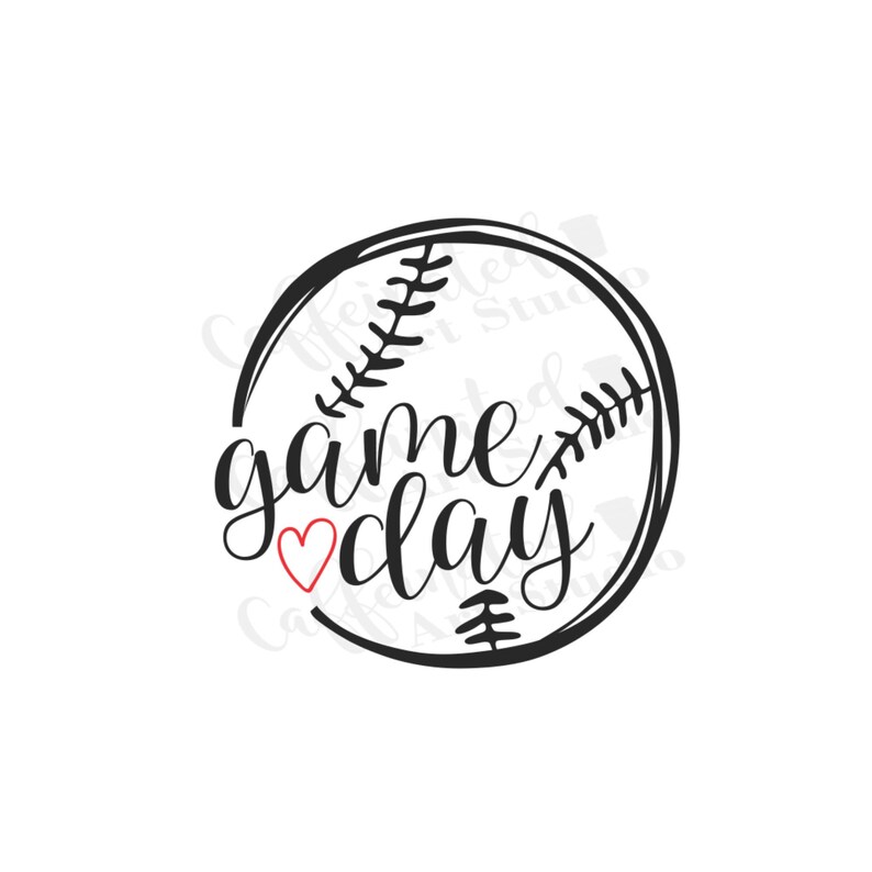 May include: A black and white baseball graphic with the words "game day" in a cursive font. A red heart replaces the word "love". The baseball design includes stitching details.