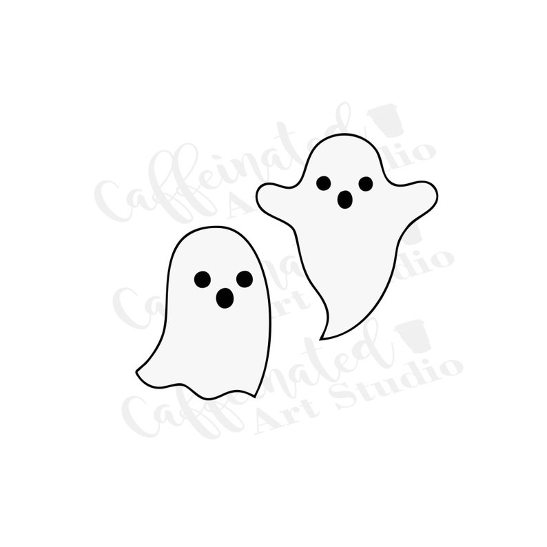 Pu&ograve; includere: Due sagome di fantasmi bianchi con occhi e bocche neri. I fantasmi sono in uno stile di cartone animato semplice.