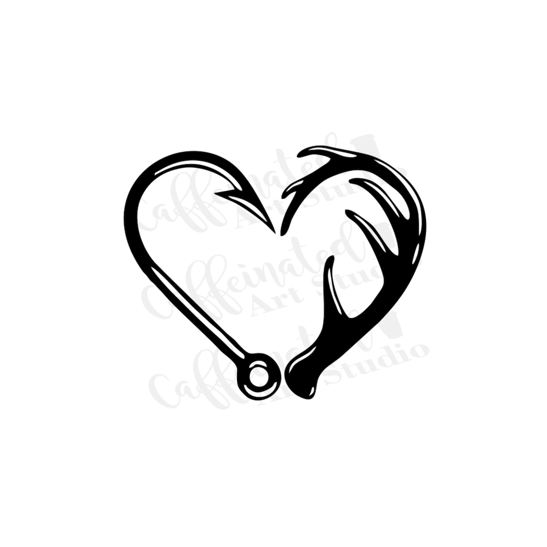 browning buck and doe heart fish hook Fishing Hooks with Antlers Hunting Love Applique machine embroidery di  Embroiderymonkey Custom vinyl Deer Heart window decals come in lots of colors and etched glass can be applied to cars Fishing Hook Antler Heart SVG