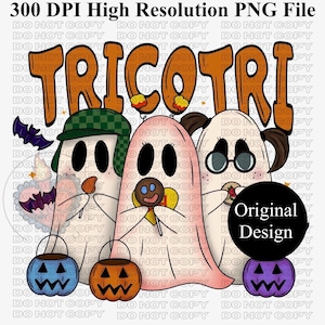 May include: A digital illustration featuring three ghost characters with the word "TRICOTRI" in orange letters. Each ghost holds a Halloween candy bucket. The design includes bats and pumpkin details, perfect for Halloween.