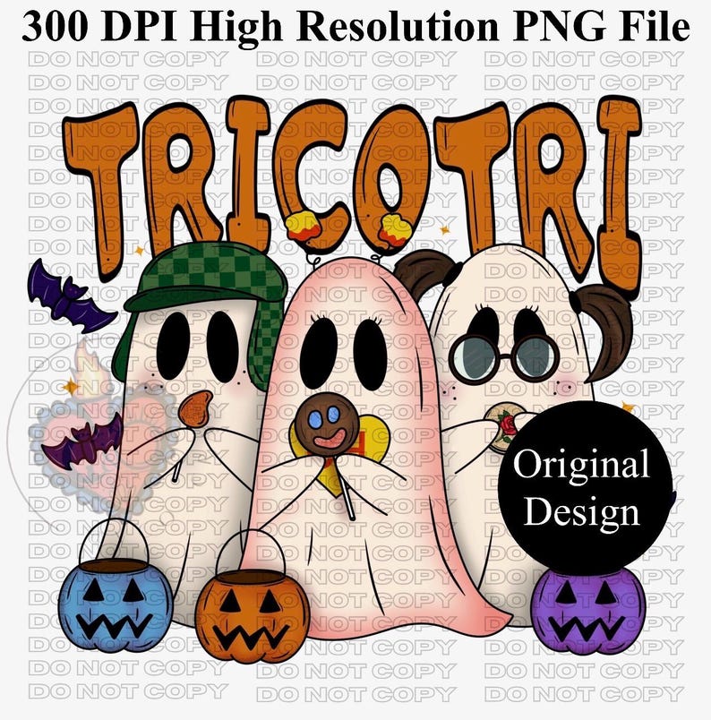 May include: A digital illustration featuring three ghost characters with the word "TRICOTRI" in orange letters. Each ghost holds a Halloween candy bucket. The design includes bats and pumpkin details, perfect for Halloween.