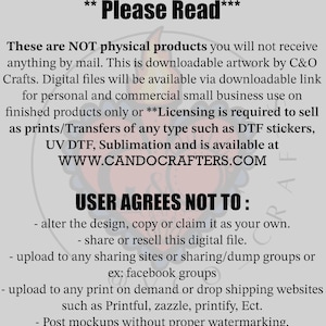 May include: Text on a light gray background reads "Please Read" followed by details about downloadable artwork by C&O Crafts. The text explains the artwork is not a physical product and is for personal and commercial use, with licensing required for prints.