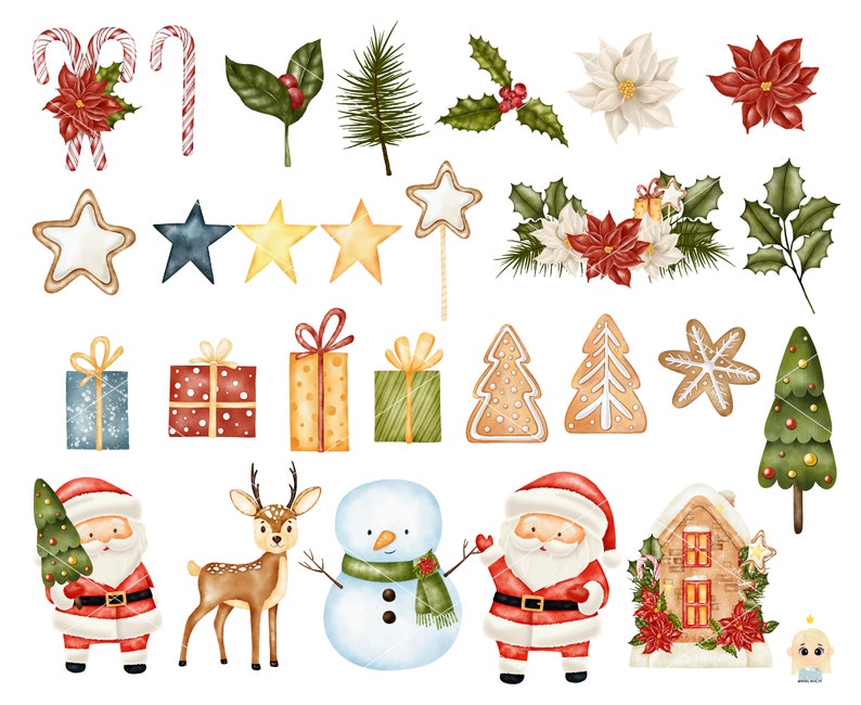 Christmas Digital Stickers Cute Christmas Watercolor Digital Clipart Winter Holiday Watercolor clipart Watercolor Santa PNG clipart
