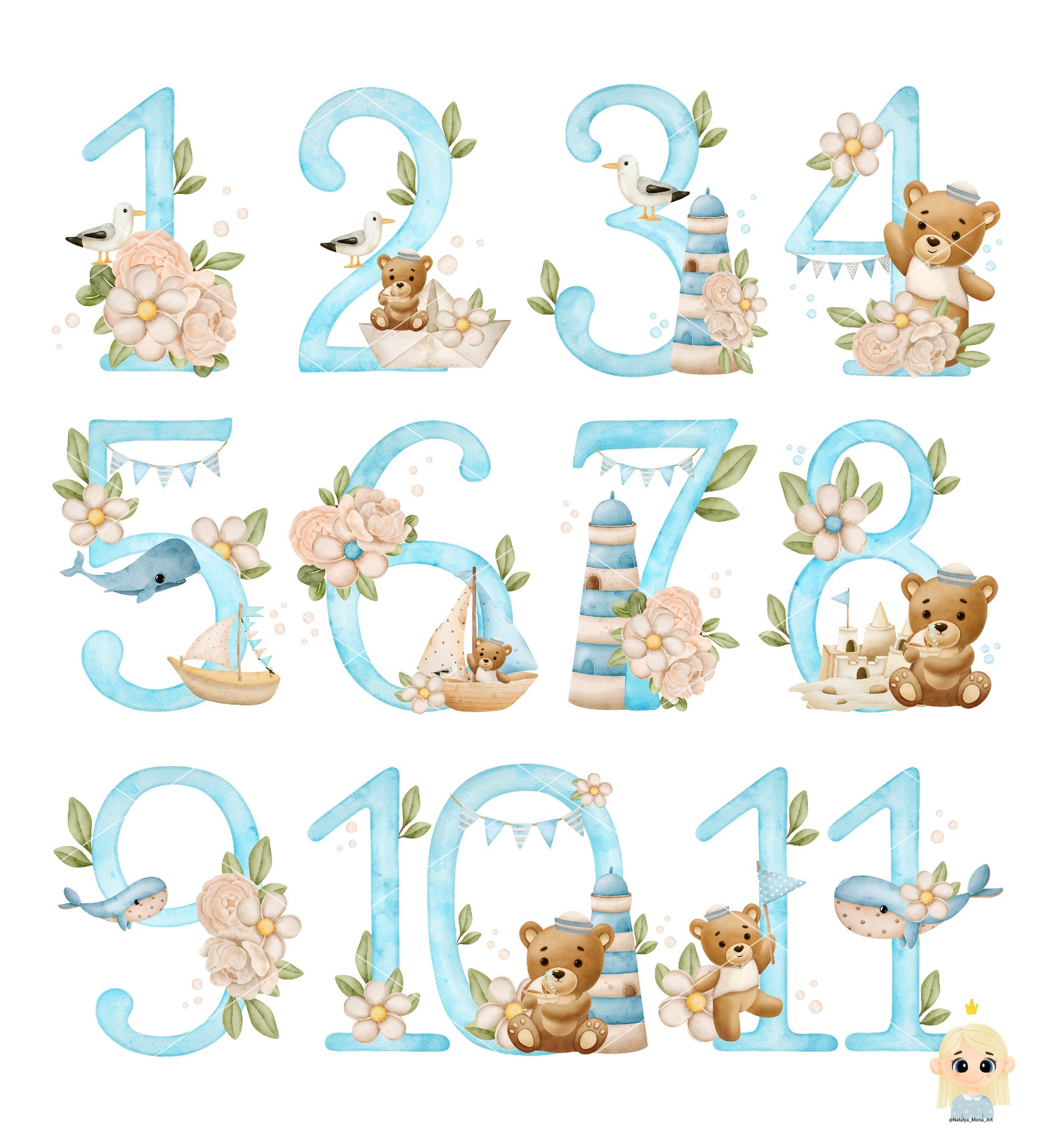 Watercolor Numbers clipart Teddy Bear Number clip art. Baby Etsy