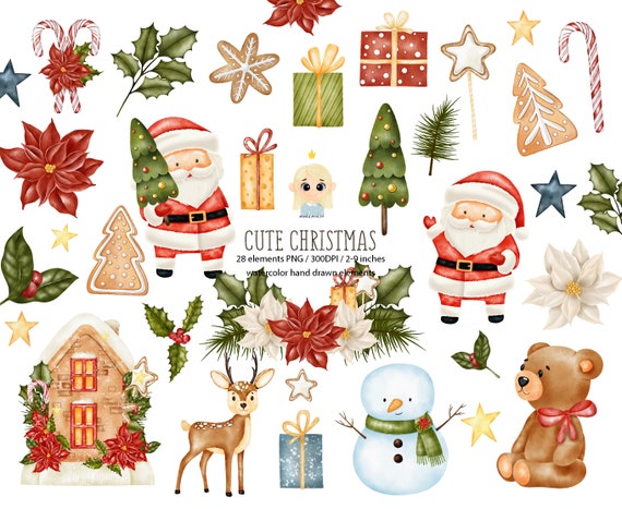 Christmas Digital Stickers Cute Christmas Watercolor Digital Clipart Winter Holiday Watercolor clipart Watercolor Santa PNG clipart
