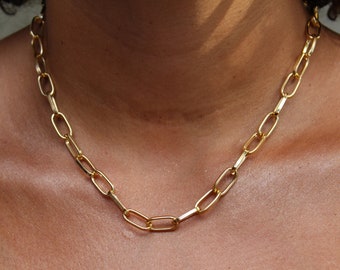 JIAHATE Rectangle Link Necklace,Women Oval Link Chain Necklace Choker Flat Paperclip Necklace Jewelry for Girls,Gold//Cable Necklace