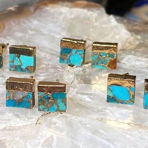 The Twilight Stone - Genuine Turquoise Stud Earrings, Gold Dipped Natural Stone, Boho Earrings, Copper Infusion Earrings, Raw Stone Earrings