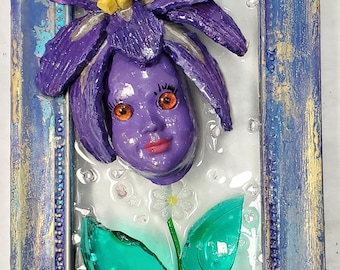 Iris flower mosaic wall hanging, porcelain doll head in flower pot, purple flower, glass leaves, OOAK