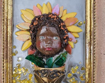 sunflower doll head wall hanging, glass hand cut petals, clay flower pot, gold leaf, vintage frame hand painted, Mother's Day gift, OOAK