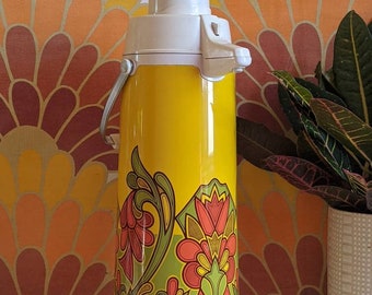 Vintage 1970s Retro Floral Patterned Pump Thermos by Everest Airpot 