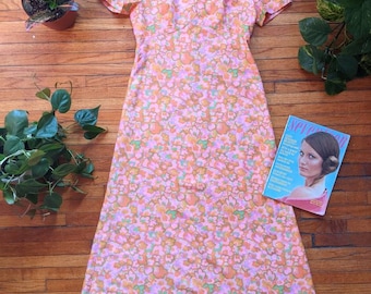 Size S 1960s Pink Pastel Peach Floral Maxi Dress / Handmade Flower Power Psychedelic /  Hippie Bohemian Dress / 1990s flower power inspired