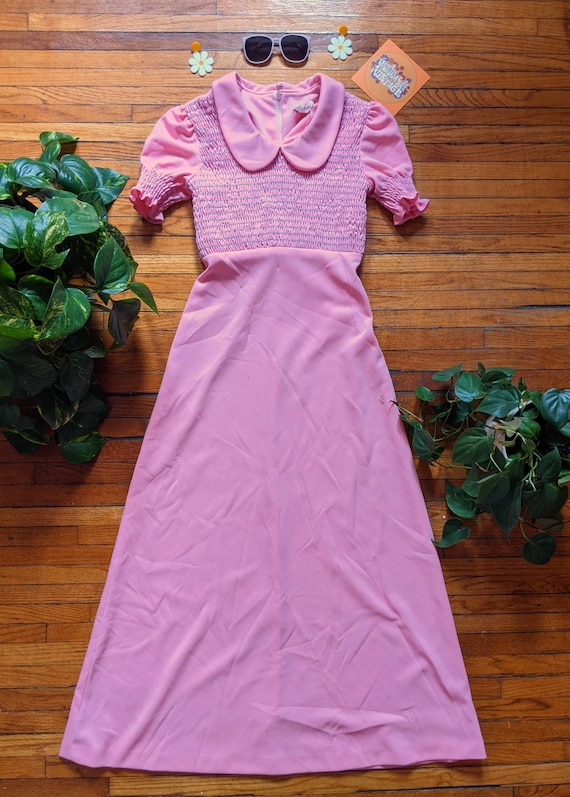 BubbleGum Pink Early 70s Maxi Dress Size Small
