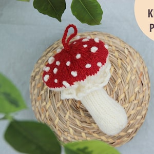 May include: Knitting pattern for a red and white mushroom with white dots. The mushroom is sitting on a woven basket.
