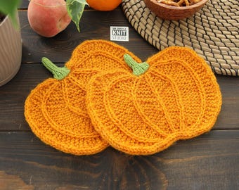 Pumpkin Coaster Set Knitting Pattern | Knitted Pumpkin Hot Pad | Fall Mug Rug | Thanksgiving Table Decor | Rustic Fall Pumpkin Coaster