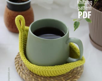 Mönster för stickad lövunderlägg i PDF-format, nybörjarvänligt stickmönster för mugg och matta, mysig heminredning och köksinredning, gör-det-själv-present