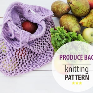 May include: Purple knitted produce bag with a mesh design, filled with apples and pears. The bag is on a white wooden surface. The text "PRODUCE BAG knitting PATTERN" is on a white circle with a purple border.