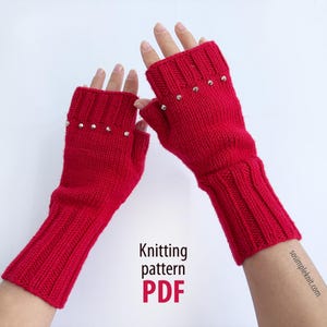 May include: Vibrant red fingerless gloves with a ribbed design and studded details. The gloves are knitted and display the text "Knitting pattern PDF". The website "sosimpleknit.com" is also visible.