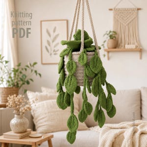 Pode incluir: Uma planta suspensa de tricô em um vaso bege com longas folhas verdes pendentes. O texto Knitting pattern PDF está visível no canto superior esquerdo e o texto sosimpleknit.com está visível no canto inferior direito da imagem.