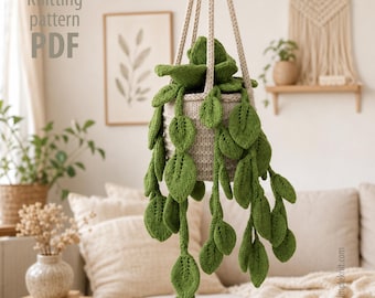 Knitted Pothos Hanging Plant Pattern | Plant Mom Gift | Knitted Potted Plant | Video Tutorial | PDF Instant Download Knitting Pattern