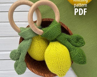 Stickad skallra med citronleksak i PDF-format, enkelt mönster för babyring, babyshowerpresent till nybliven mamma, DIY-instruktion för tropisk bitring