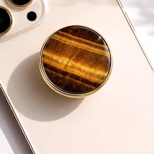 CRYSTALFY MINIS-Tiger’s Eye Slim Lightweight Crystal Phone Grip Holder & Expanding Kickstand-Natural Gemstone Swappable Top