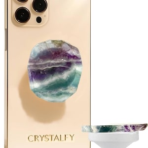 Rainbow Fluorite Crystal Phone Grip Holder & Expanding Kickstand–Natural Gemstone Swappable Top Accessory Compatible with iPhone, iPad, Kind