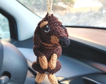 Crochet Dachshund Car Charm, Rear View Mirror Dog Plushie