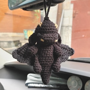 Handmade crochet black dragon car mirror hanging as cryptid accessory in multiple colors available