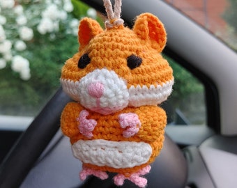 Plush Hamster Car Charm Orange Fuzzy Hamster Rearview Mirror Decor