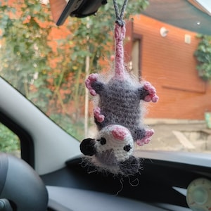 Possum car charms, opossum plush, dashboard decor, amigurumi fluffy ornament, stuffed animal,  mirror hanging, rear view mirror accessories,