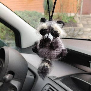 Raccoon car mirror hanging accessories, dashboard decor hanger, rear view mirror, amigurumi plush keepsake, little stuffed animal, ornament