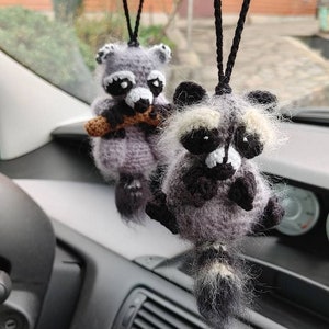 Raccoon car mirror hanging accessories, charm dashboard decor, rear view mirror, amigurumi plush keepsake, little stuffed animal, ornament