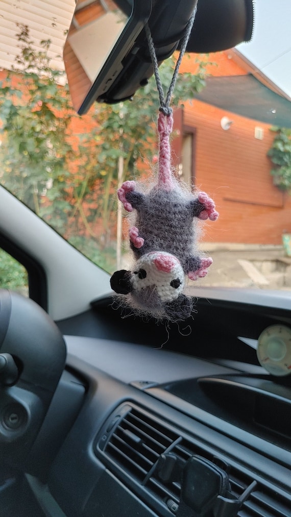 Possum car charms, opossum plush, dashboard decor, amigurumi fluffy ornament, stuffed animal,  mirror hanging, rear view mirror accessories,