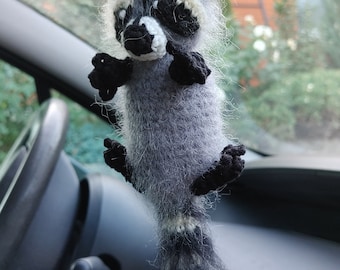 Knitted Raccoon Rear View Mirror Hanging Accessory, Amigurumi