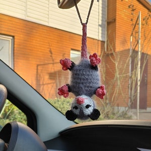 Opossum car charm plush, car dashboard decor, possum ornament, stuffed animal, car mirror hanging, rear view mirror accessories,